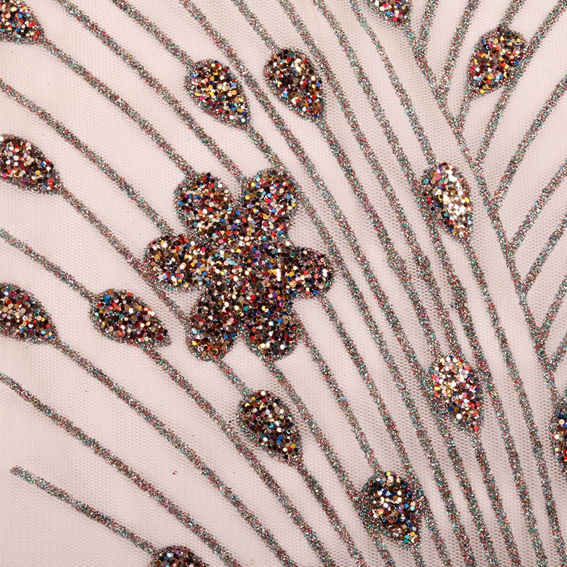 100%Polyester skin glitter gold foil flower four Way Stretchy knit tulle mesh fabric for dress