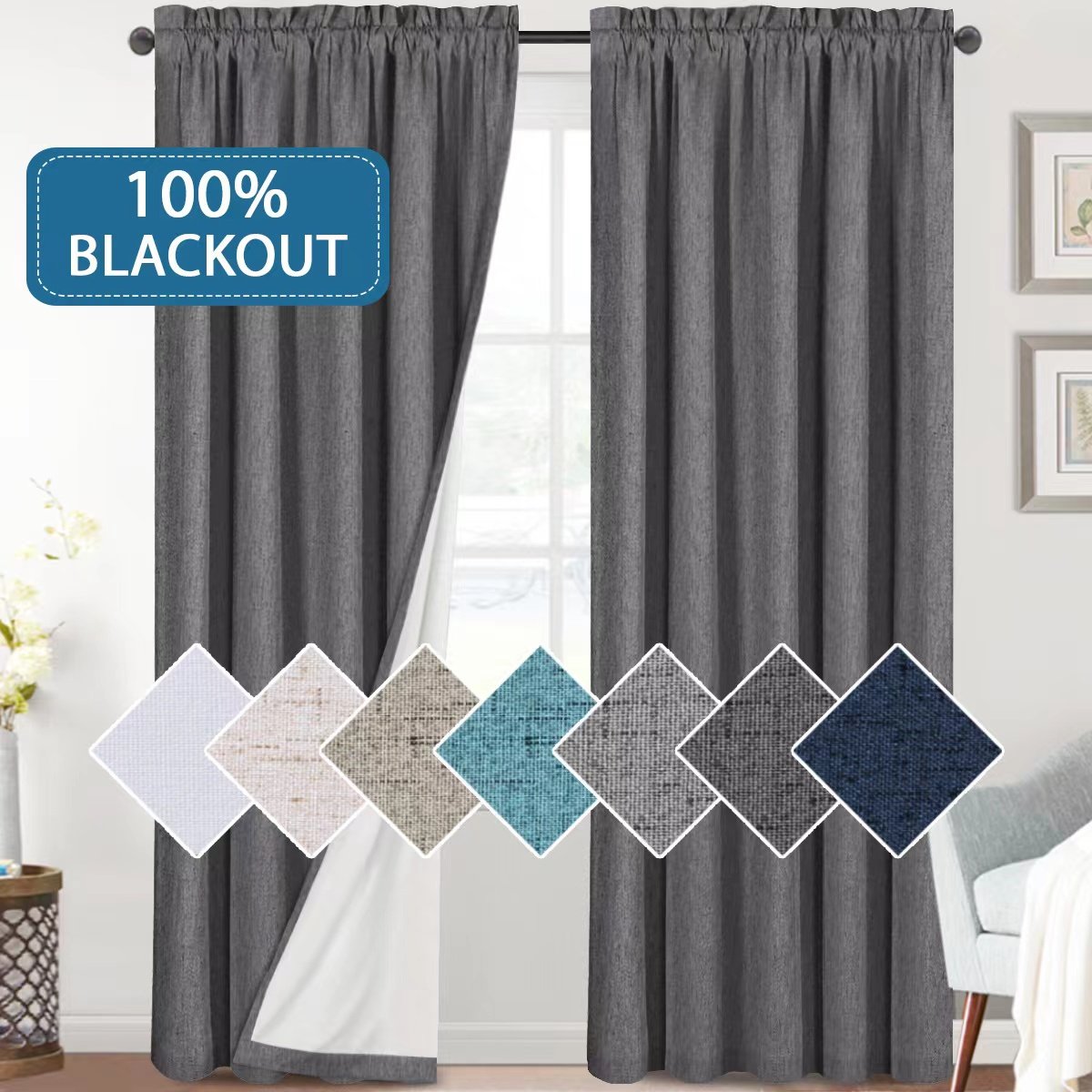 100% Blackout Curtain Linen Fabric Plain Modern Coating Curtain Fabric Blackout Curtain Fabric