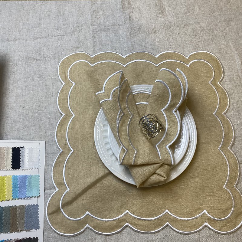 Hand Embroidered Linen Napkins Wedding Embroidered Napkins Linen Scallop Edge French Linen Napkins White