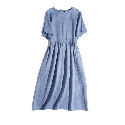 100% Linen Fabric women's Loose Casual Outfits 2023 trending elegant pure high quality Solid linen dresses With Pocket
