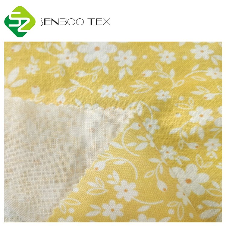 Lemon yellow floral printed 150gsm 100% Linens Fabric For T-shirts dress