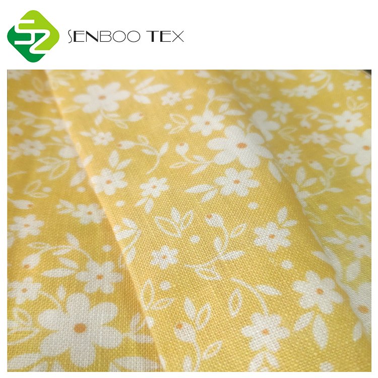 Lemon yellow floral printed 150gsm 100% Linens Fabric For T-shirts dress