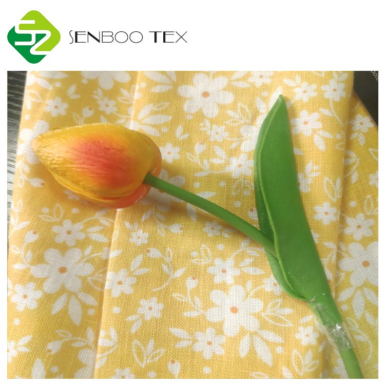 Lemon yellow floral printed 150gsm 100% Linens Fabric For T-shirts dress