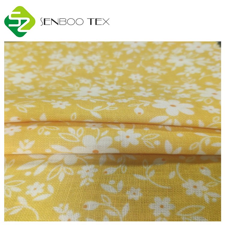 Lemon yellow floral printed 150gsm 100% Linens Fabric For T-shirts dress