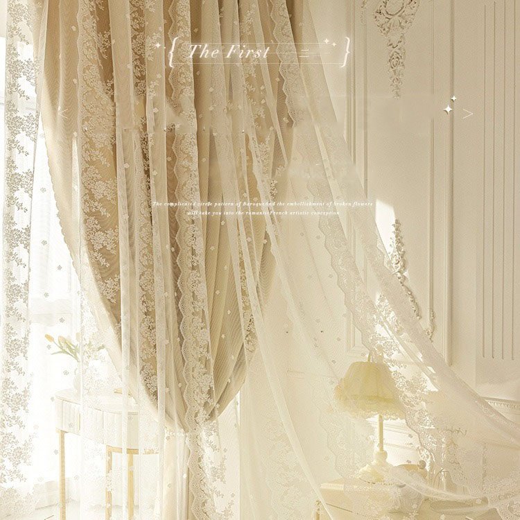 French Romance wavy yarn Double lace curtains 90% blackout ins style cream color hook curtain for bedroom living room window
