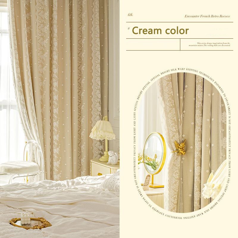 French Romance wavy yarn Double lace curtains 90% blackout ins style cream color hook curtain for bedroom living room window