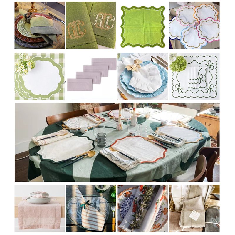 Embroidered Alphabet Placemat Green Linen Napkin Border 100% Linen with Gold Trim Handmade Bags Rectangle Restaurant Decor 50pcs