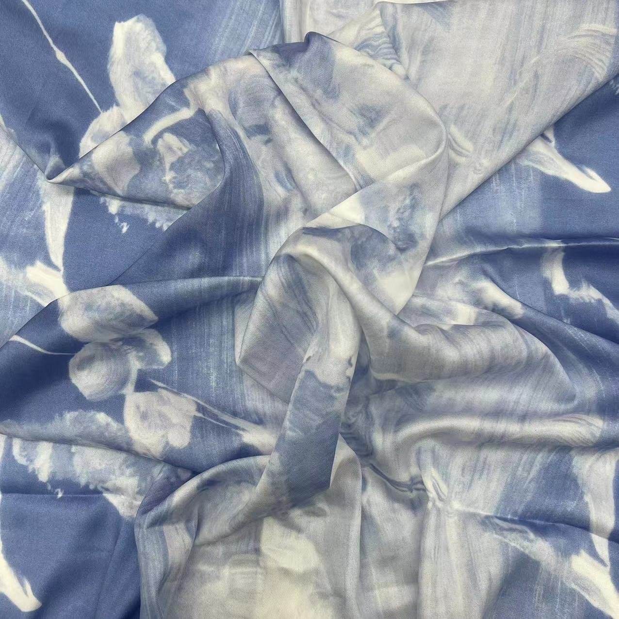 Best selling Custom digital print fabric blue Abstract style silk-like twill woven 100% polyester fabric For Dress tshirts