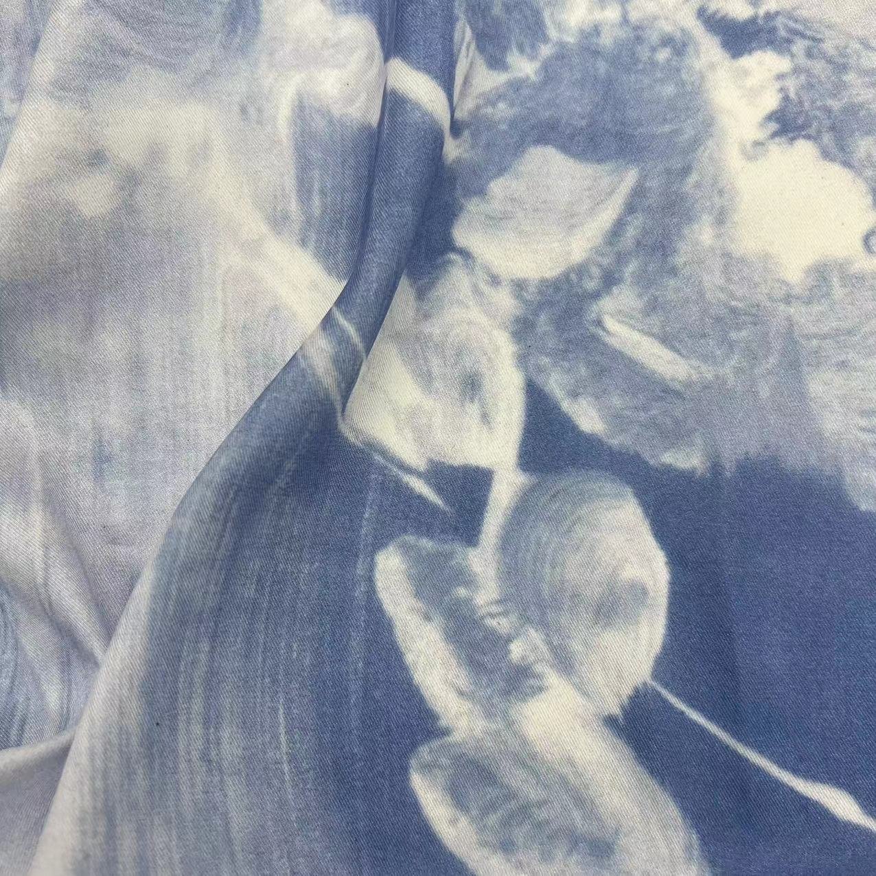 Best selling Custom digital print fabric blue Abstract style silk-like twill woven 100% polyester fabric For Dress tshirts