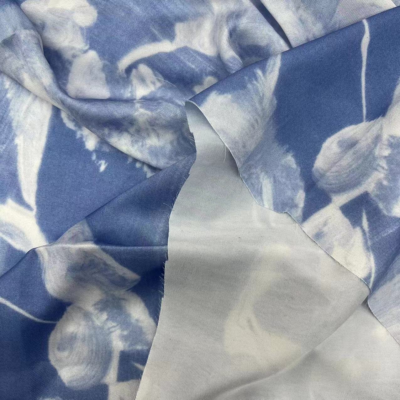 Best selling Custom digital print fabric blue Abstract style silk-like twill woven 100% polyester fabric For Dress tshirts
