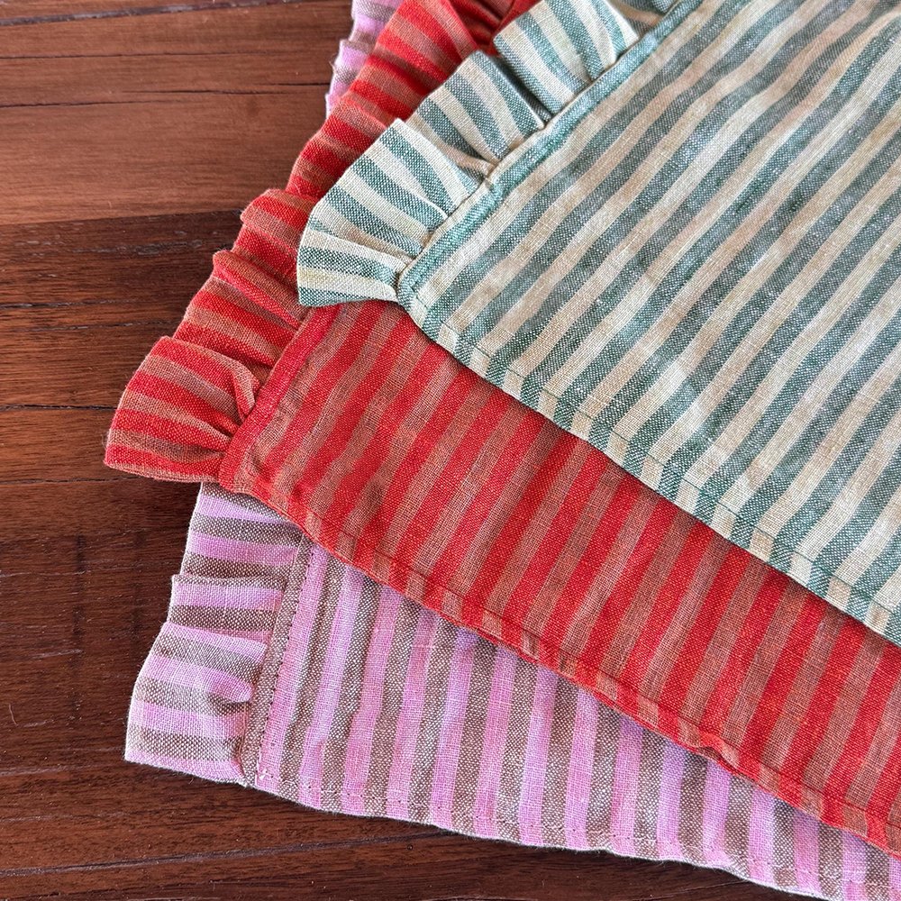 Wholesale Organic 100% Linen Striped grid ruffle edge cloth napkins for wedding Embroidered LOGO Cotton Linen napkin placemat
