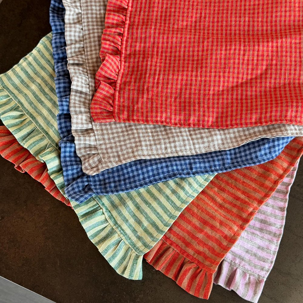 Wholesale Organic 100% Linen Striped grid ruffle edge cloth napkins for wedding Embroidered LOGO Cotton Linen napkin placemat
