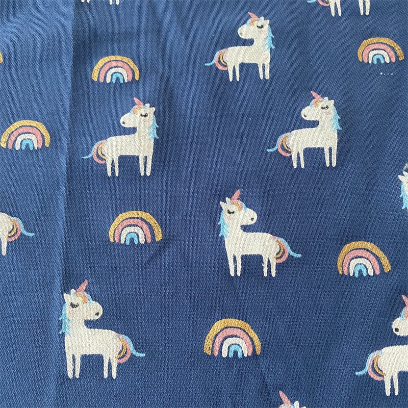 Cotton denim fabric unicorn printed C/T knitted twill denim pigment printed fabric with spangle