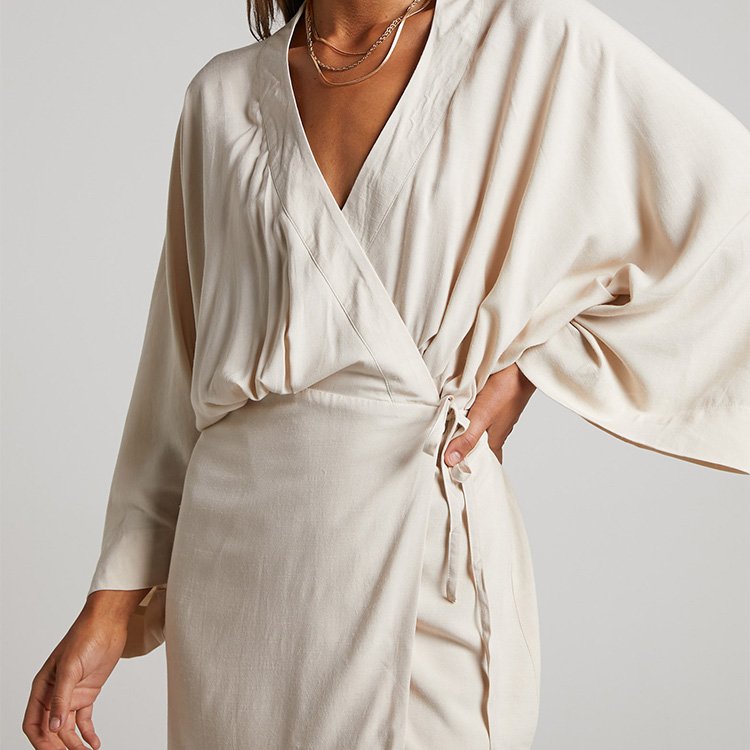 Dropshipping Custom Manufacturer Women Casual Wrap Linen Dress V Neck Slim-fit Mini Dresses