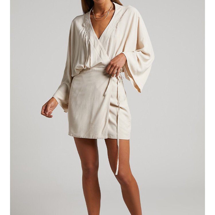Dropshipping Custom Manufacturer Women Casual Wrap Linen Dress V Neck Slim-fit Mini Dresses