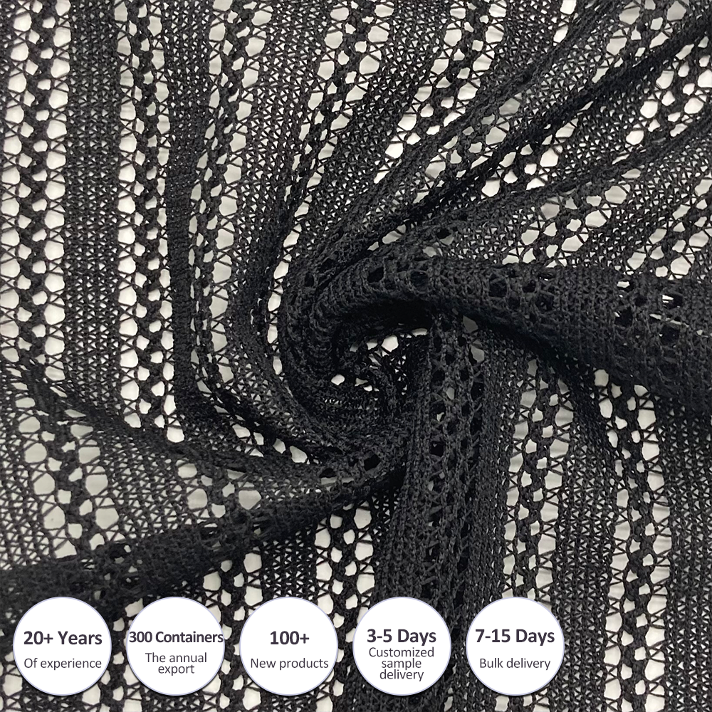 OEM men's knitted jacquard pattern black lace 100% polyester short sleeves crochet shirts fabric for clothing