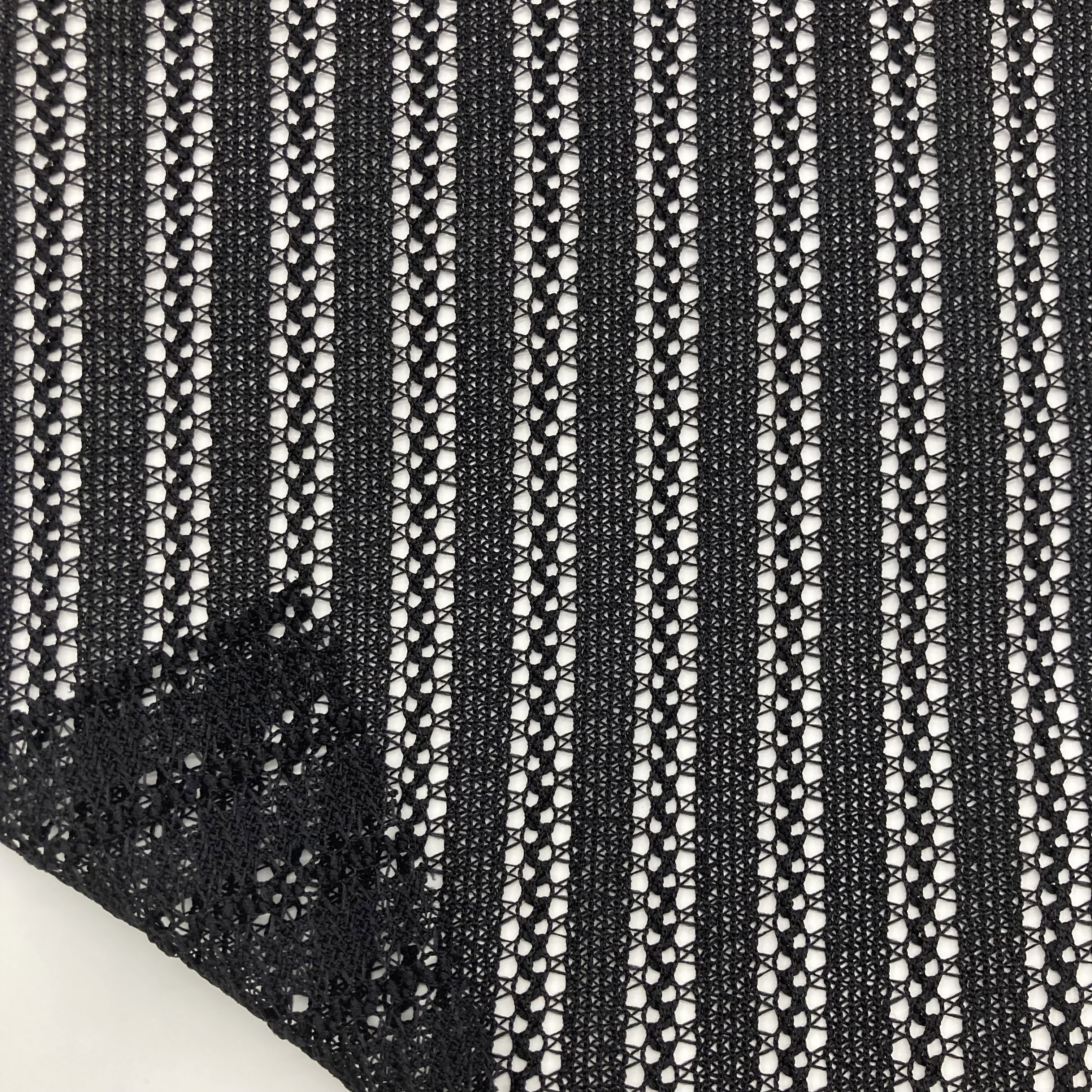 OEM men's knitted jacquard pattern black lace 100% polyester short sleeves crochet shirts fabric for clothing