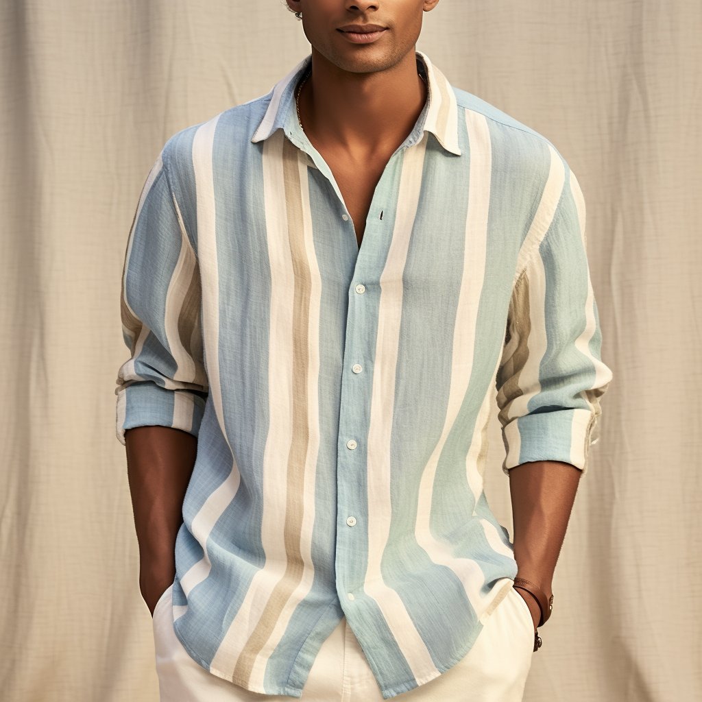 Wholesale Cotton Linen Shirts Dress Oversized Blouse Casual Style Men Long Sleeve Striped Button Down Shirts