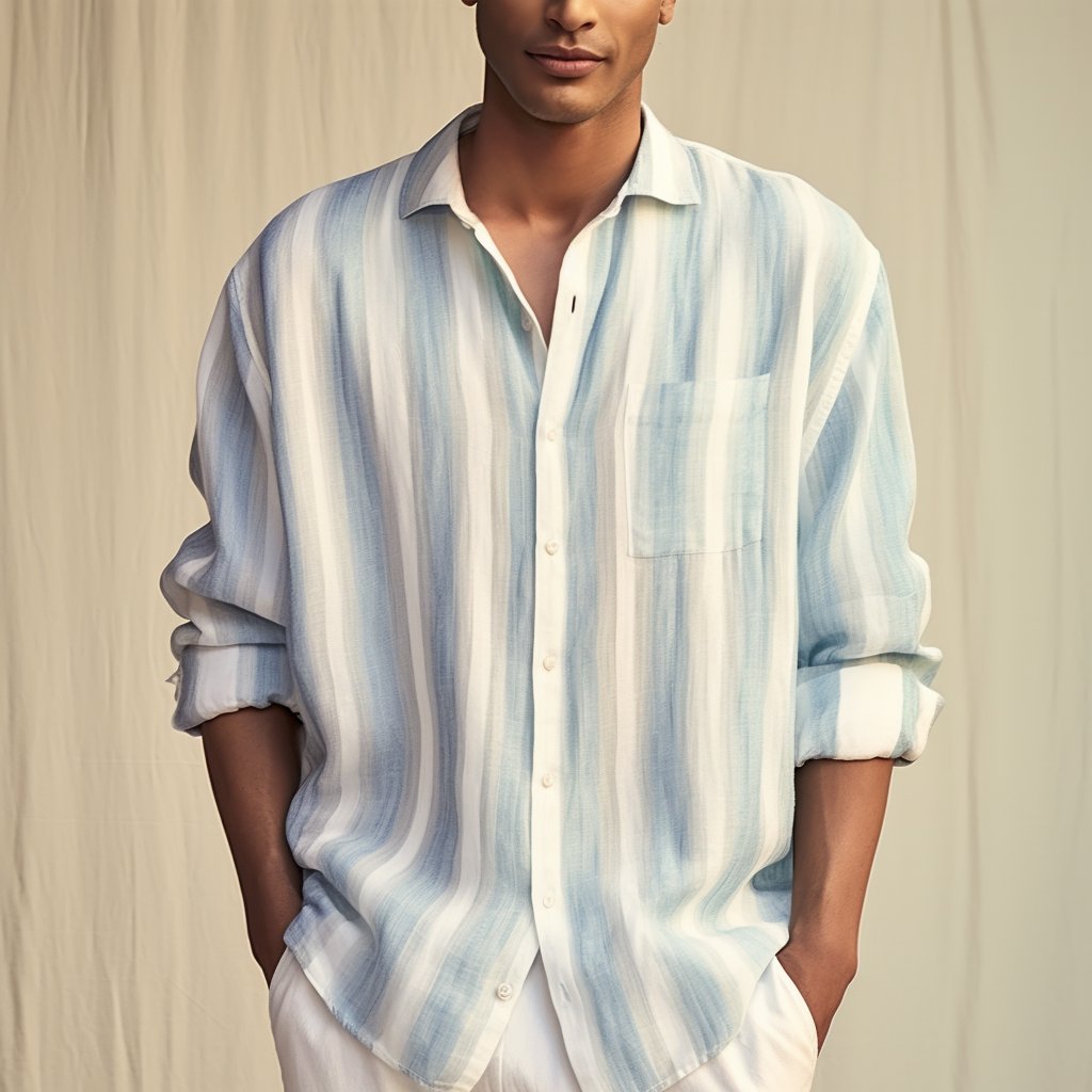 Wholesale Cotton Linen Shirts Dress Oversized Blouse Casual Style Men Long Sleeve Striped Button Down Shirts