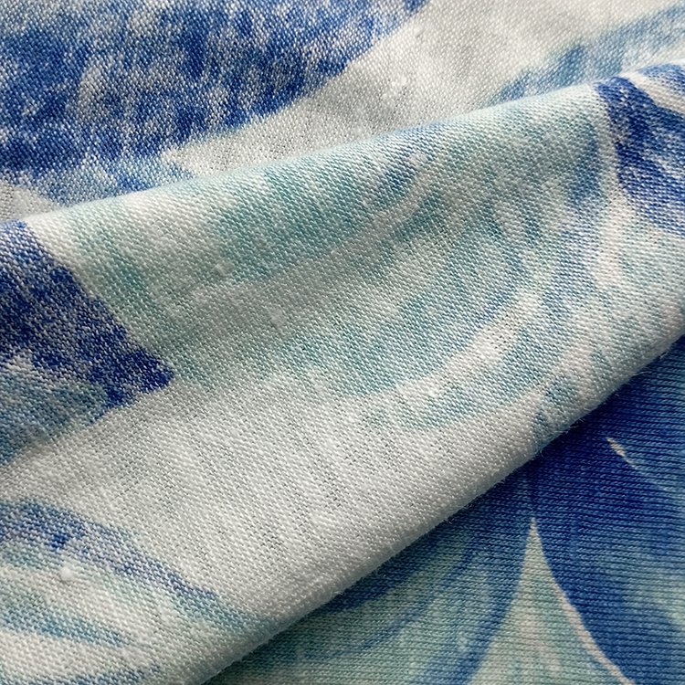 high quality wholesale natural flax fiber blend spandex knitted jersey printed linen fabric