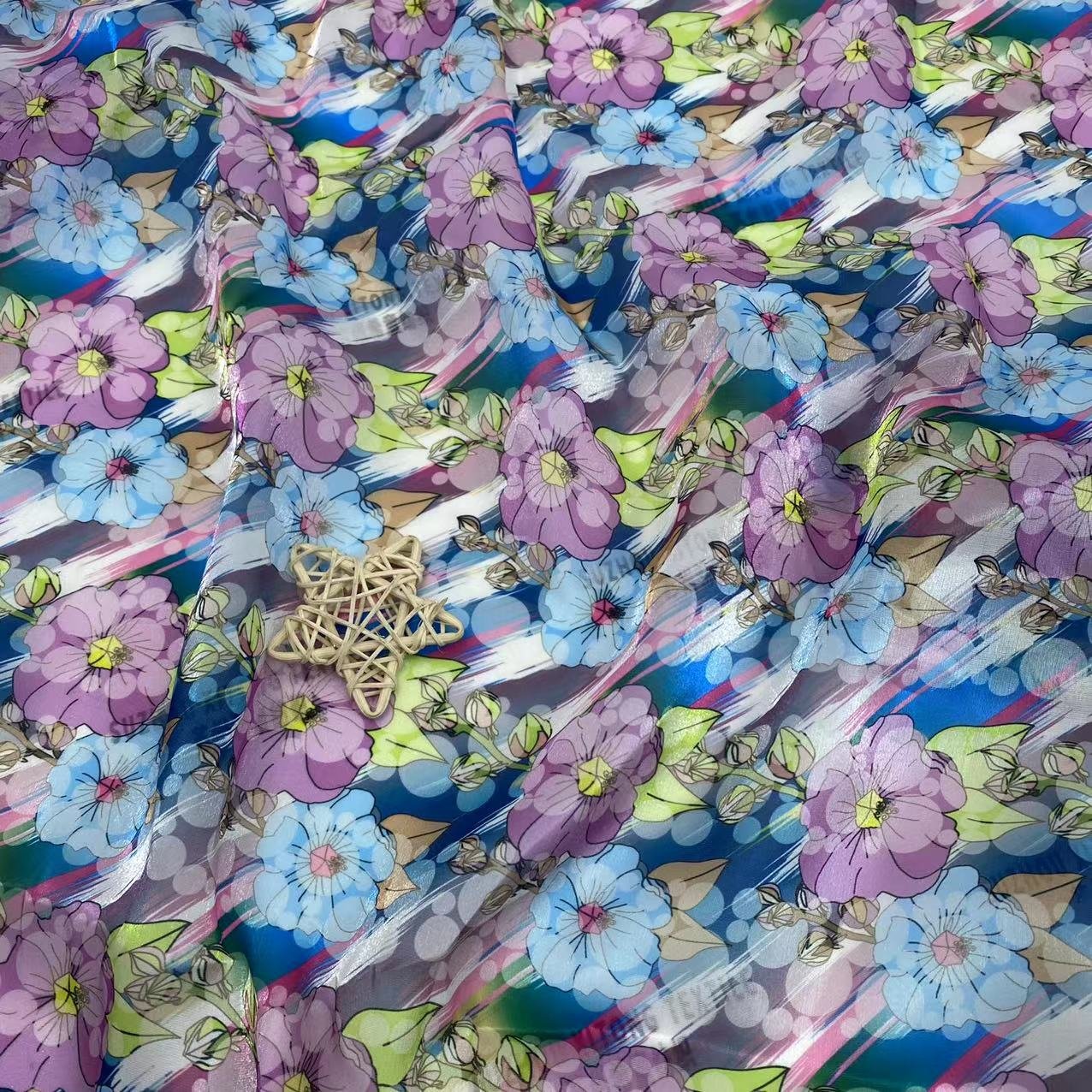 Polyester stock soft shiny 2 colorways full of flowers design pattern digital printing liquid organza fabric for kids dress