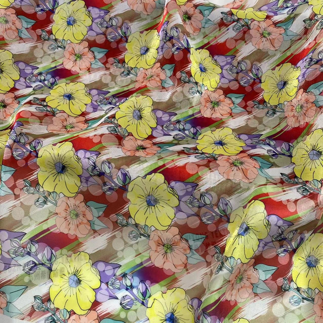 Polyester stock soft shiny 2 colorways full of flowers design pattern digital printing liquid organza fabric for kids dress
