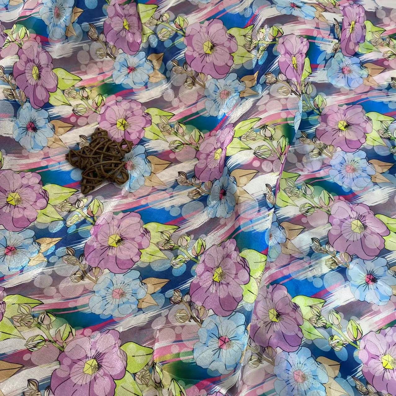 Polyester stock soft shiny 2 colorways full of flowers design pattern digital printing liquid organza fabric for kids dress