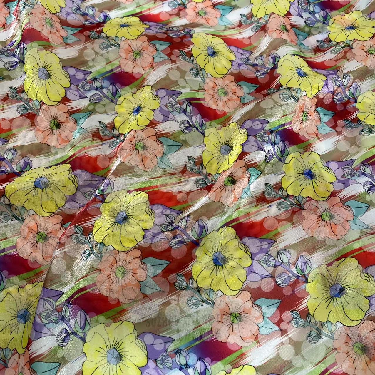 Polyester stock soft shiny 2 colorways full of flowers design pattern digital printing liquid organza fabric for kids dress