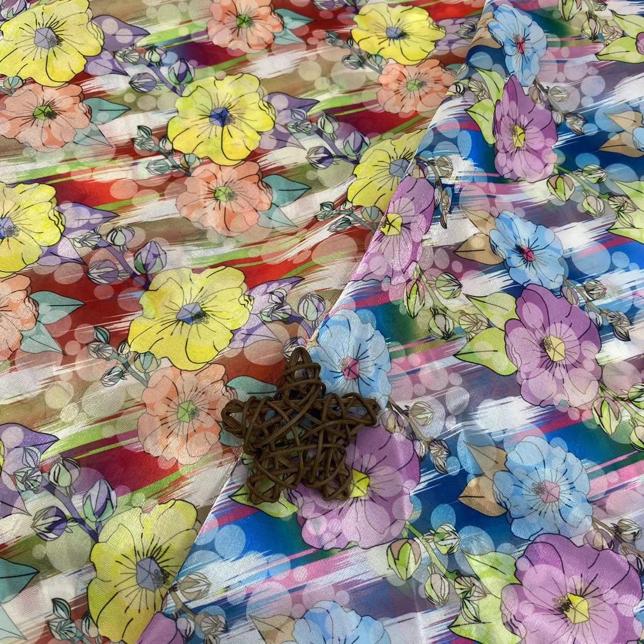 Polyester stock soft shiny 2 colorways full of flowers design pattern digital printing liquid organza fabric for kids dress