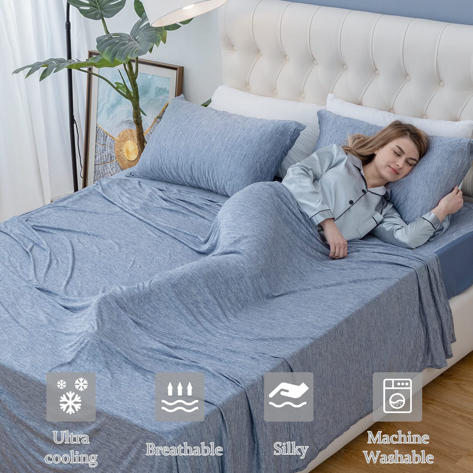 Icy-Jade Fiber Breathable Fabric Bedding Set Sleep Night Sweats Cooling Flat Bed Sheet Set For Summer