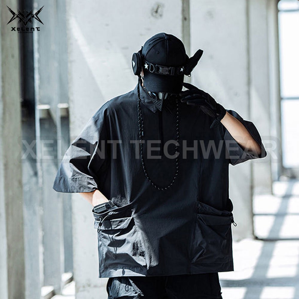 OEM Cyberpunk Techwear Black T-Shirt Futuristic Design, Functional Pockets, High-Tech Fabric