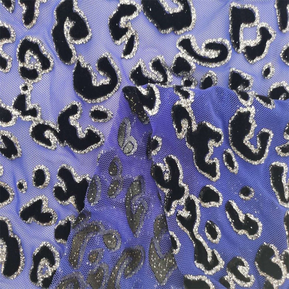 95 polyester 5 spandex velvet flocked mesh fabric stretch printed mesh fabric with gold for dance dress wedding