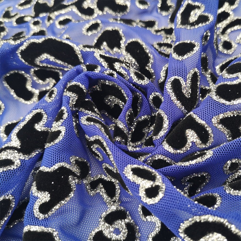 95 polyester 5 spandex velvet flocked mesh fabric stretch printed mesh fabric with gold for dance dress wedding
