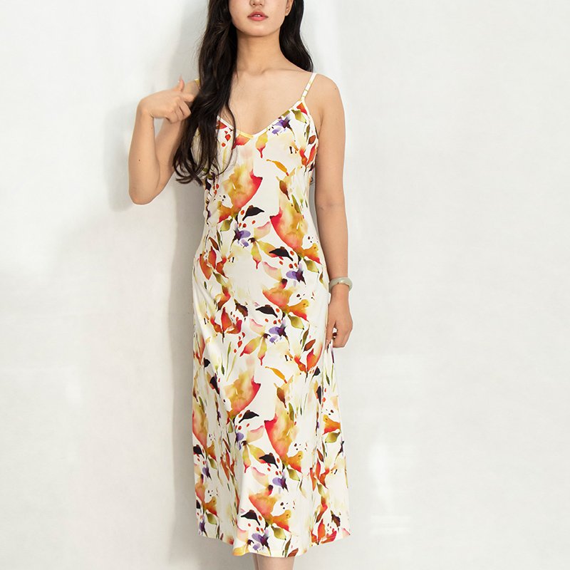 White Base with Maple Leaf Print Sleeveless Dress in Breathable Bamboo-Cotton