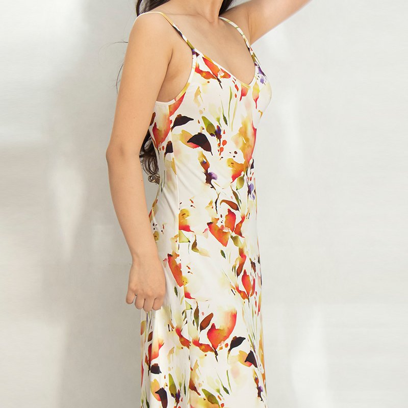 White Base with Maple Leaf Print Sleeveless Dress in Breathable Bamboo-Cotton