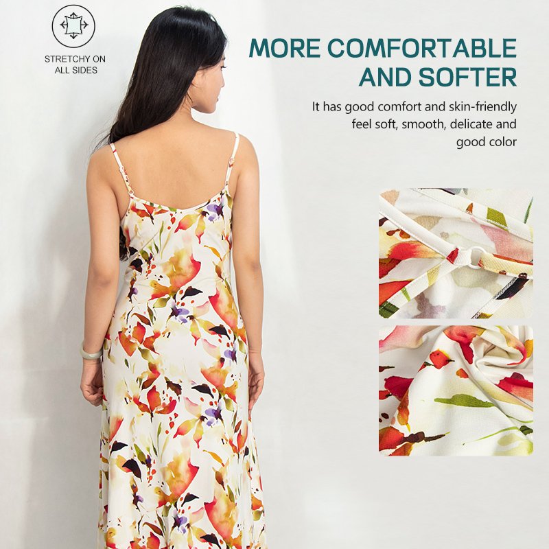 White Base with Maple Leaf Print Sleeveless Dress in Breathable Bamboo-Cotton