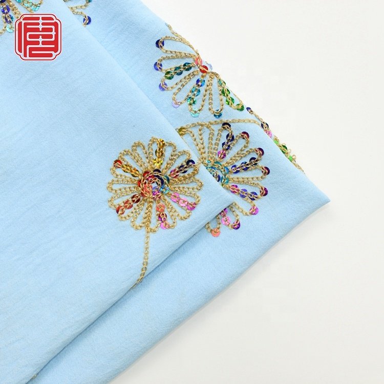 Custom Embroidery Baby Blue Sunflower Design CEY Fabric Sequin 100% Polyester Fabric For Women Dress
