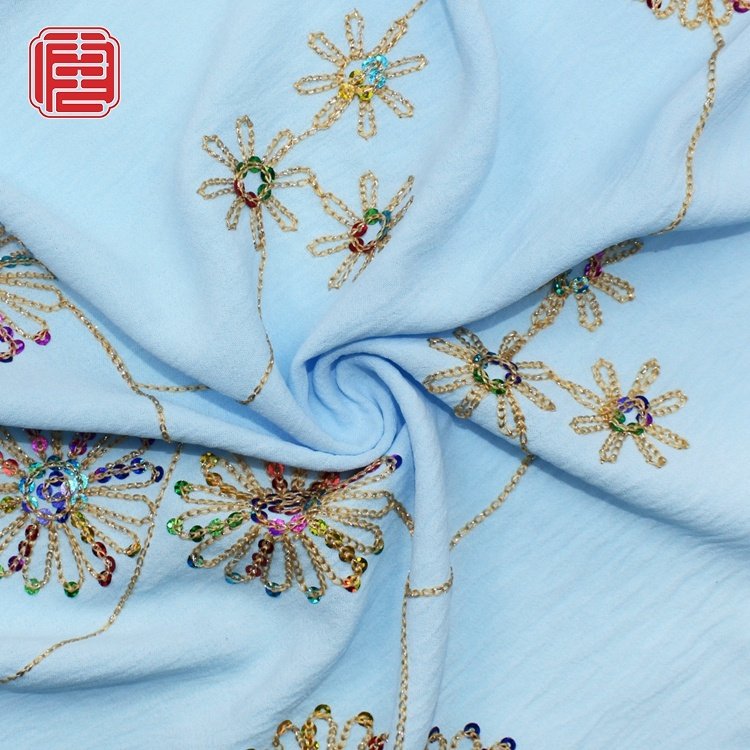Custom Embroidery Baby Blue Sunflower Design CEY Fabric Sequin 100% Polyester Fabric For Women Dress