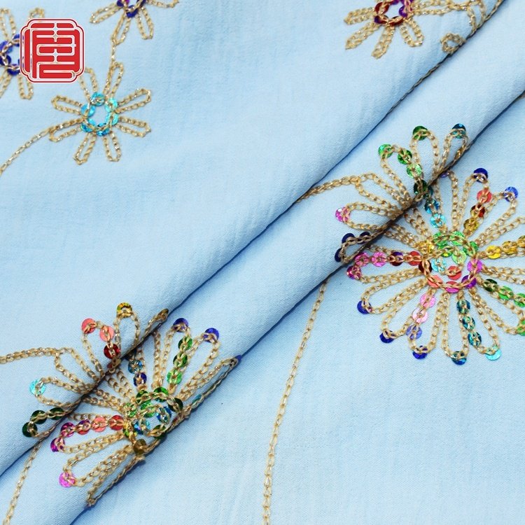 Custom Embroidery Baby Blue Sunflower Design CEY Fabric Sequin 100% Polyester Fabric For Women Dress
