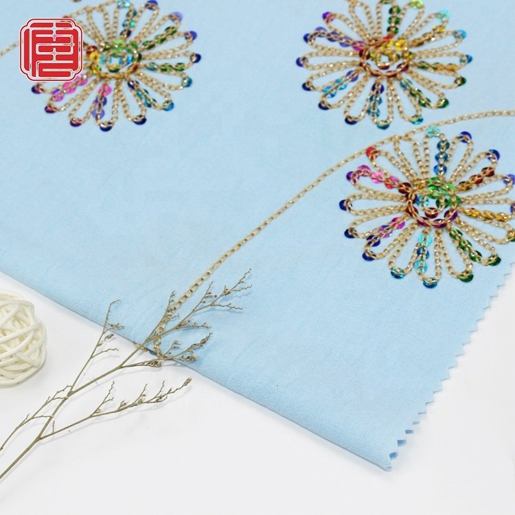 Custom Embroidery Baby Blue Sunflower Design CEY Fabric Sequin 100% Polyester Fabric For Women Dress