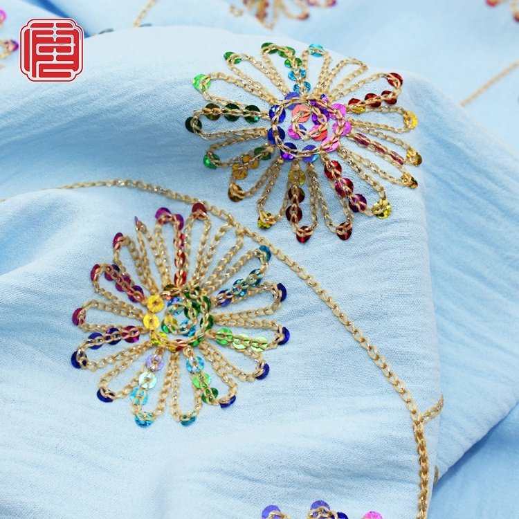Custom Embroidery Baby Blue Sunflower Design CEY Fabric Sequin 100% Polyester Fabric For Women Dress