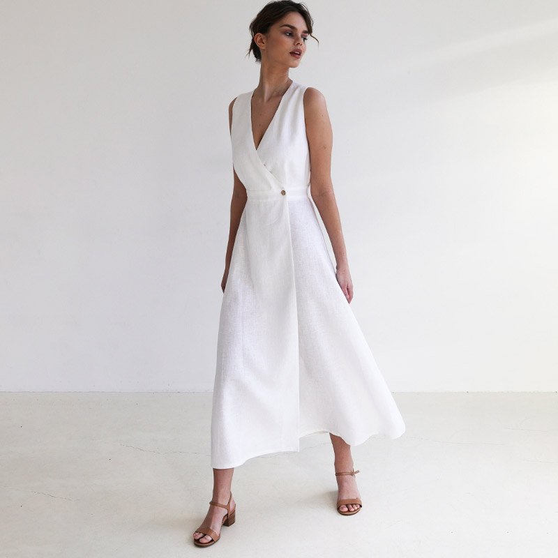 Customizable 100% linen dress for women V-neck sleeveless midi casual sweet women linen dresses
