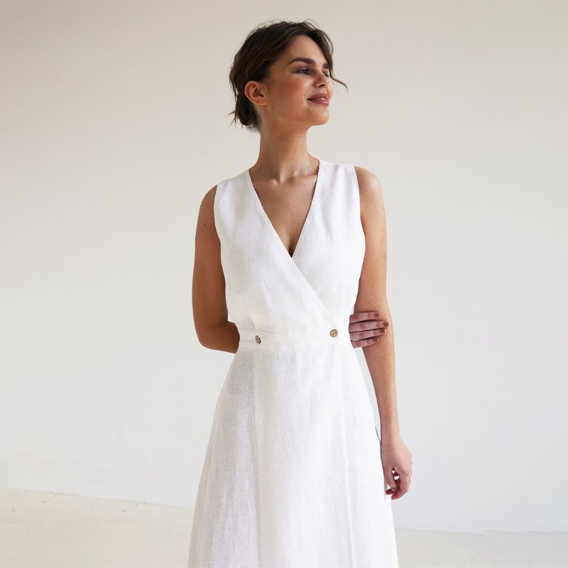 Customizable 100% linen dress for women V-neck sleeveless midi casual sweet women linen dresses