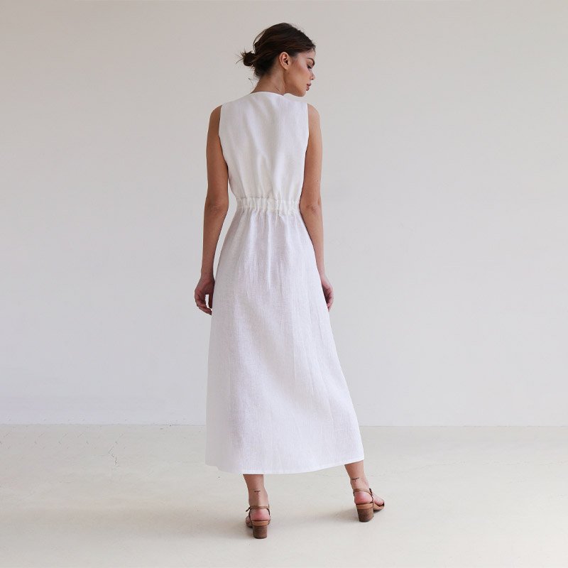 Customizable 100% linen dress for women V-neck sleeveless midi casual sweet women linen dresses
