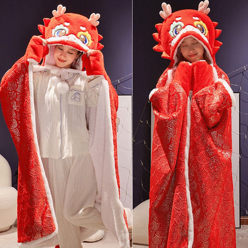 Zodiac dragon cloak hooded wearable cloak blanket mascot Red Cape Holiday Cosplay Costume for Women Girls