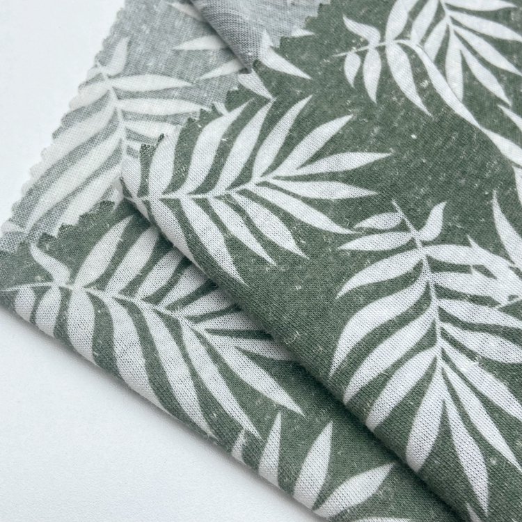 Light 135GSM custom printed leaf pattern knit 85% polyester 15% linen single jersey fabric for clothing