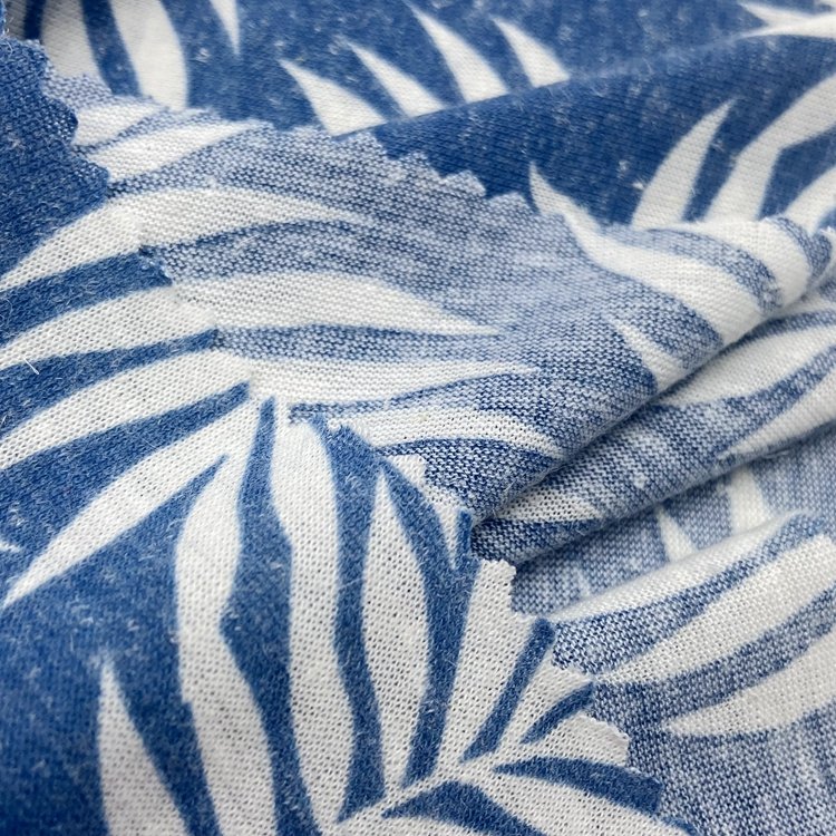 Light 135GSM custom printed leaf pattern knit 85% polyester 15% linen single jersey fabric for clothing
