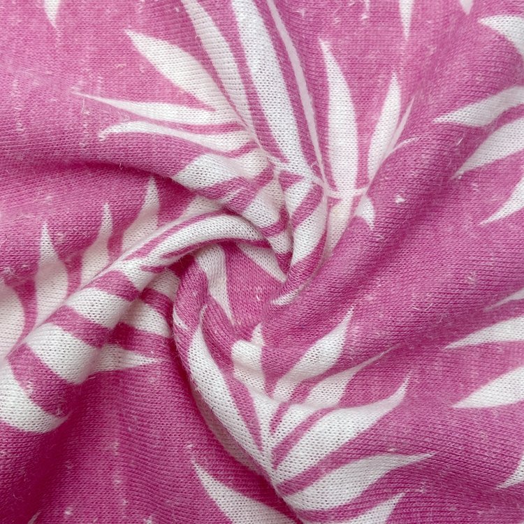 Light 135GSM custom printed leaf pattern knit 85% polyester 15% linen single jersey fabric for clothing