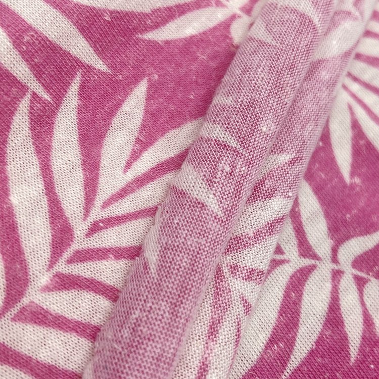 Light 135GSM custom printed leaf pattern knit 85% polyester 15% linen single jersey fabric for clothing