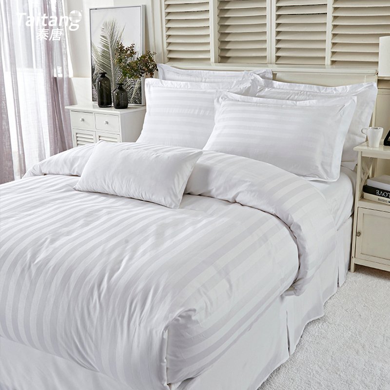 Wholesale Hotel Linen White Duvet Cover Fitted Bed Sheet Set Stripe Custom Luxury 100% Cotton Hotel Bedding Sets